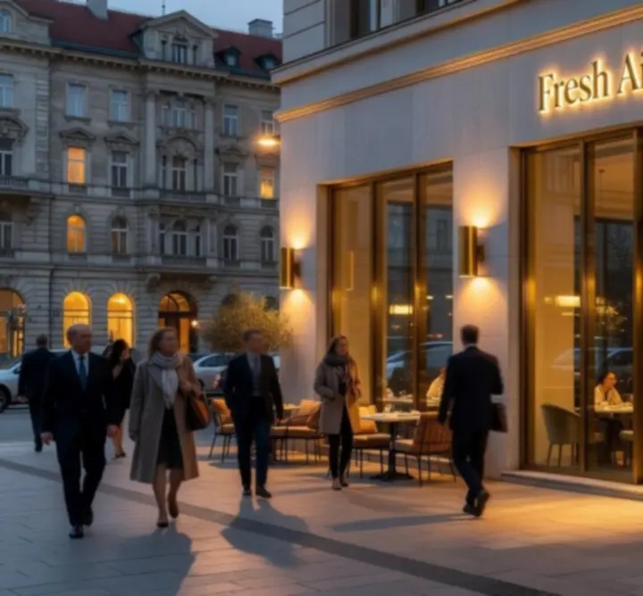 A Fresh Air Installers budapesti étterem elegáns külső homlokzata éjszakai hangulatvilágítással
